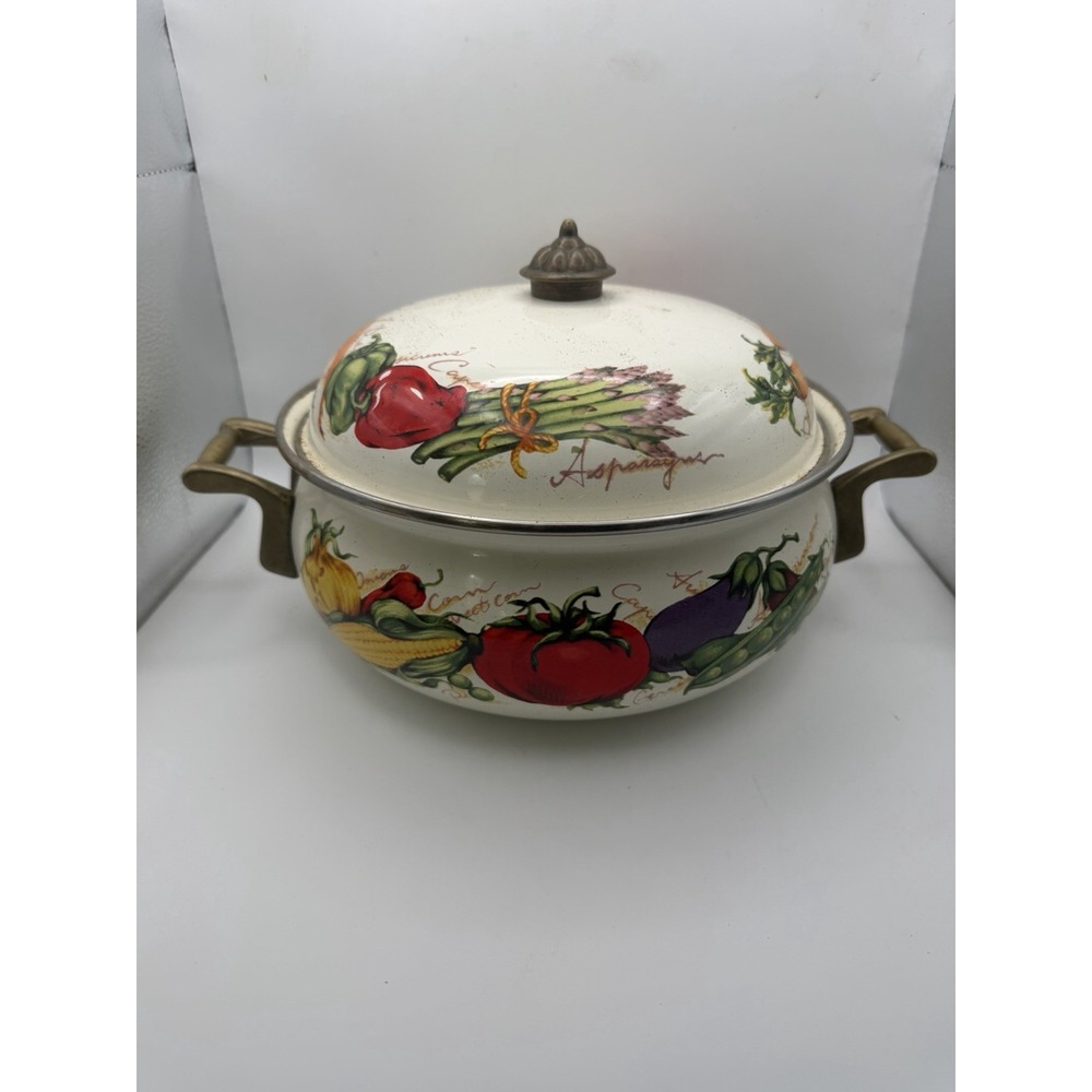 Vintage 3 Qt Enamelware Dutch Oven Vegetable Motif Cream Stock Pot w/ Lid